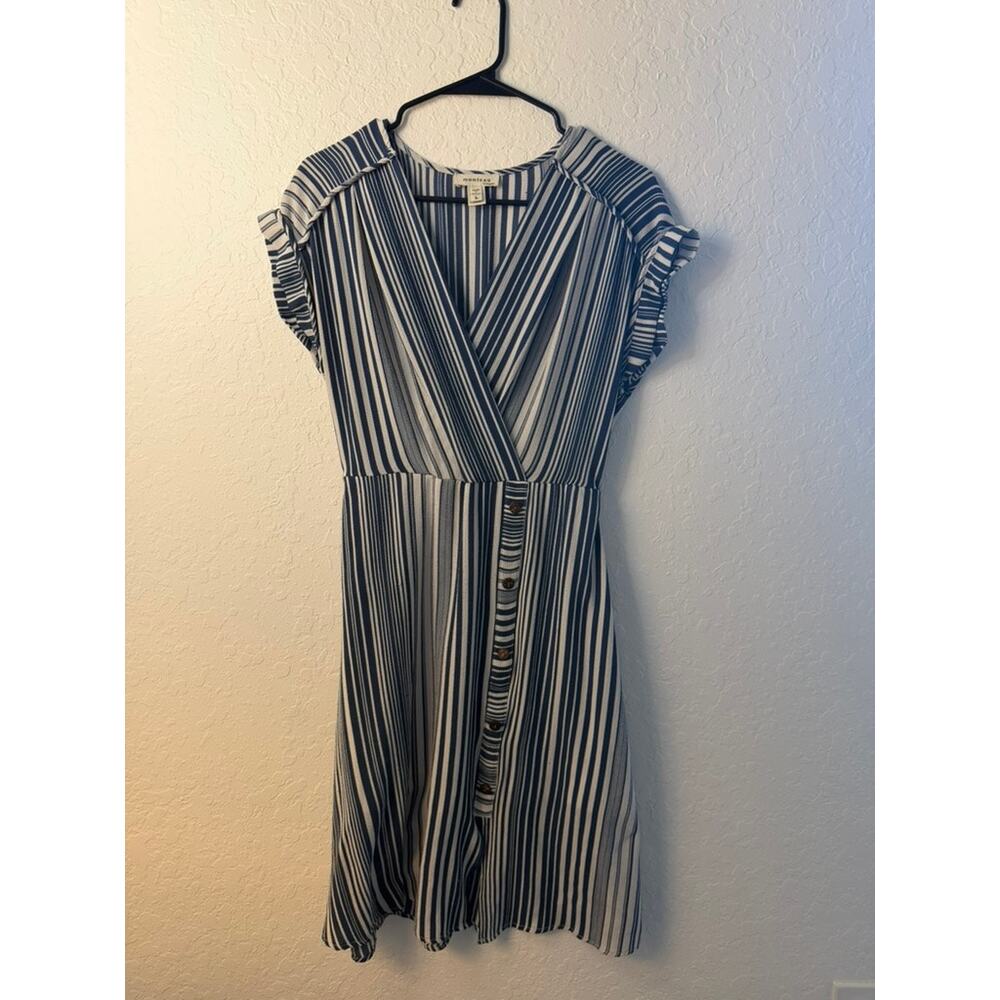 Monteau Los Angeles Navy Blue White Stripe Ruffle Sleeve Wrap Midi Dress Size L